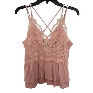 r2 Crochet Lace Tank Strappy Back Romantic Blush Pink Cami Women’s Size Large